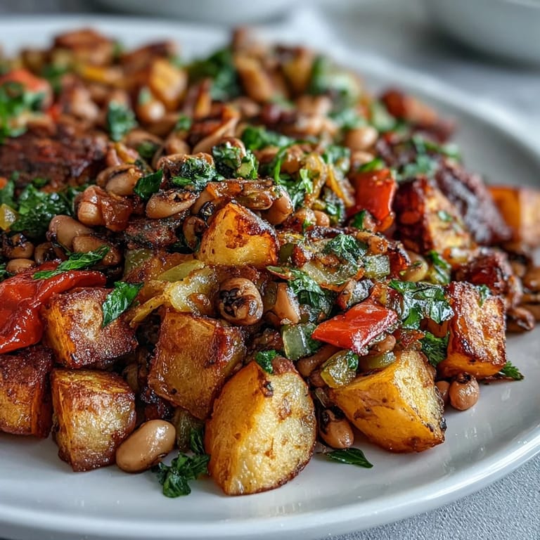A close-up view of Black-Eyed Pea Hash featuring crispy sweet onions and colorful bell peppers, served as a hearty vegetarian side dish for a Southern meal.