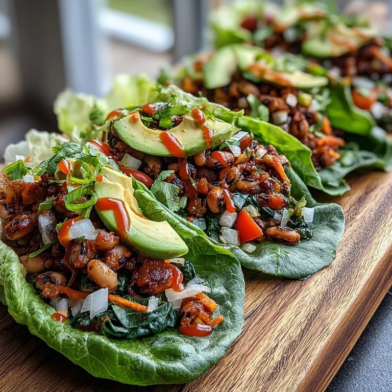Vibrant Black-Eyed Pea Lettuce Wraps filled with sautéed veggies, cherry tomatoes, and herbs on a clean wooden table.