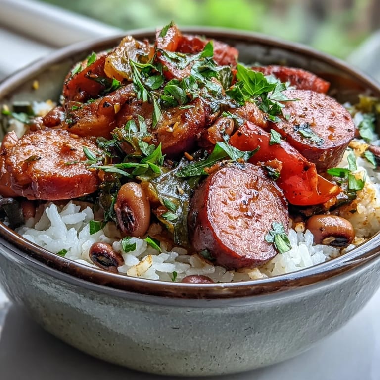Overhead view of Black-Eyed Pea Jambalaya featuring colorful peppers and fork on a checkered napkin.