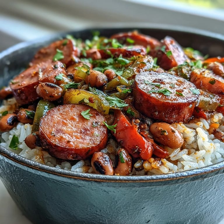 A steaming pot of Black-Eyed Pea Jambalaya with smoked sausage and vegetables on a wooden table.
