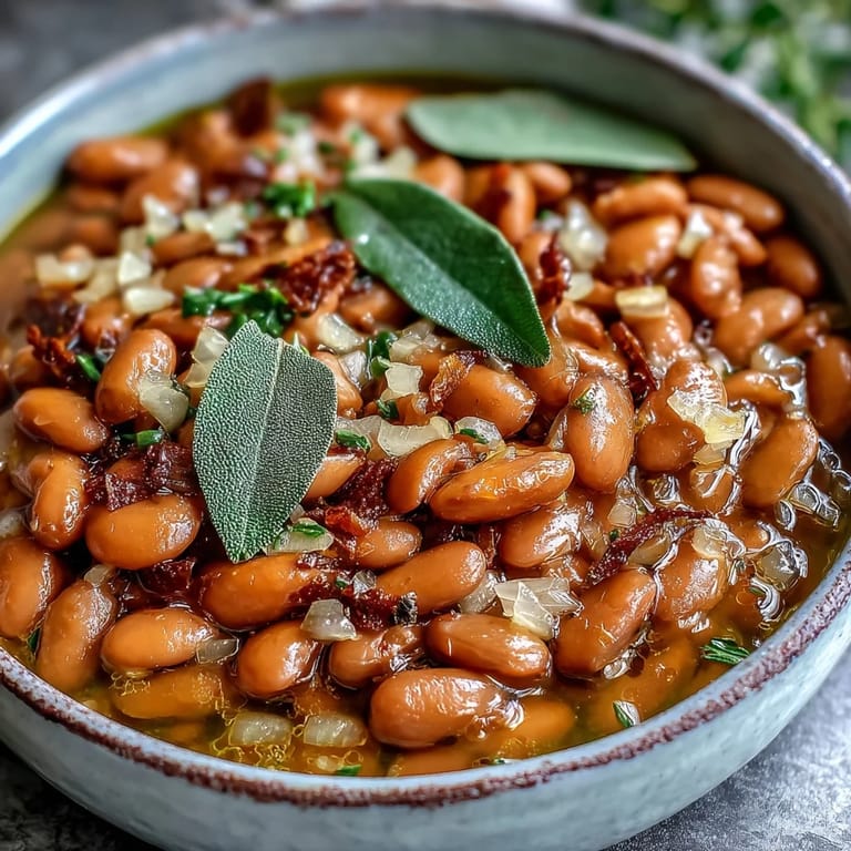 Steaming bowl of homemade pinto beans with diced onions and olive oil, a delicious vegan and gluten-free side dish.