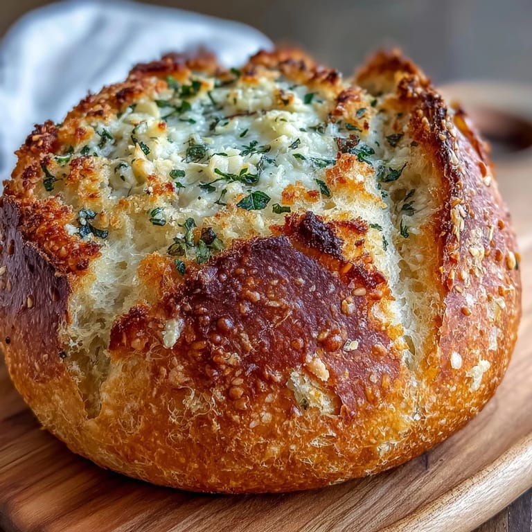 Slices of cheesy garlic artisan bread on a rustic wooden board, ready for soup pairing.