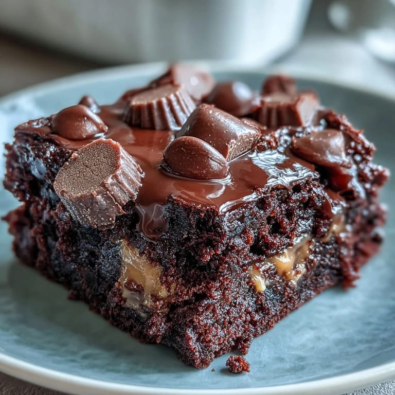 A close-up view of Rich Peanut Butter Cup Dump Cake shows a rich, dense texture with chunks of peanut butter cups in every bite.