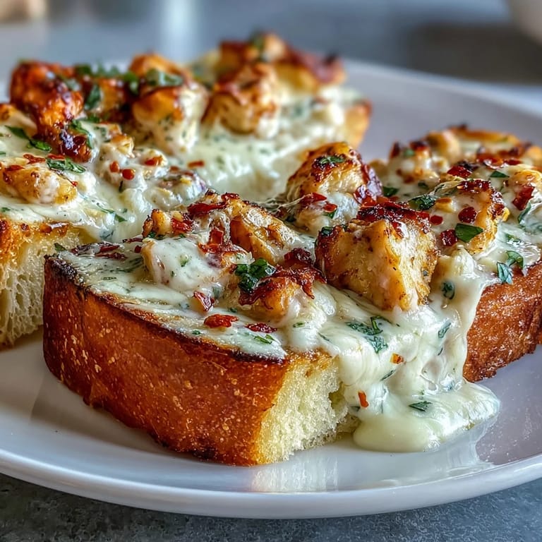 Two generous servings of Chicken Alfredo Garlic Bread plated beside a bowl of extra Alfredo sauce for dipping.