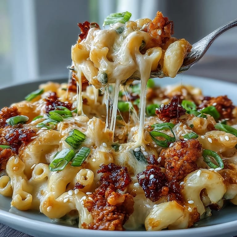 Family-style Korean-Style Turkey Mac & Cheese bubbling with melted mozzarella and savory ground turkey.