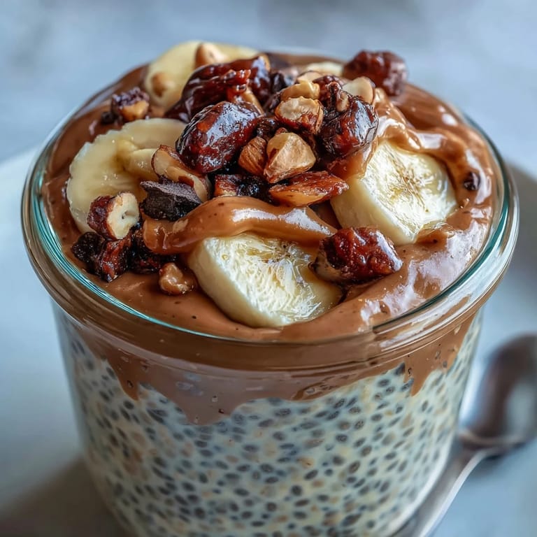 A jar of Chunky Monkey Overnight Chia Pudding topped with dark chocolate chips and chopped roasted peanuts for a satisfying snack.