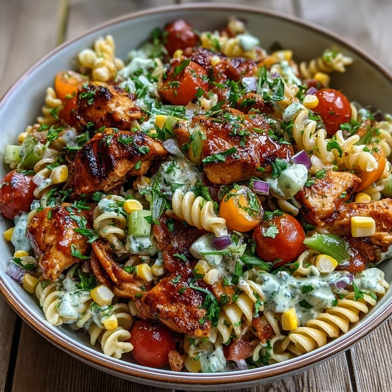 Serving chilled Honey BBQ Chicken Pasta Salad at a sunny picnic, with a large spoon, colorful vegetables, and rotini pasta coated in rich barbecue sauce.