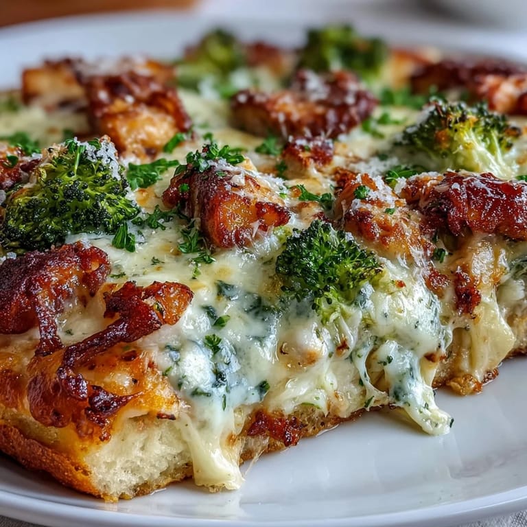 Slice of Garlic Parmesan Chicken & Broccoli Pizza lifted to reveal tender chicken and bubbling mozzarella.