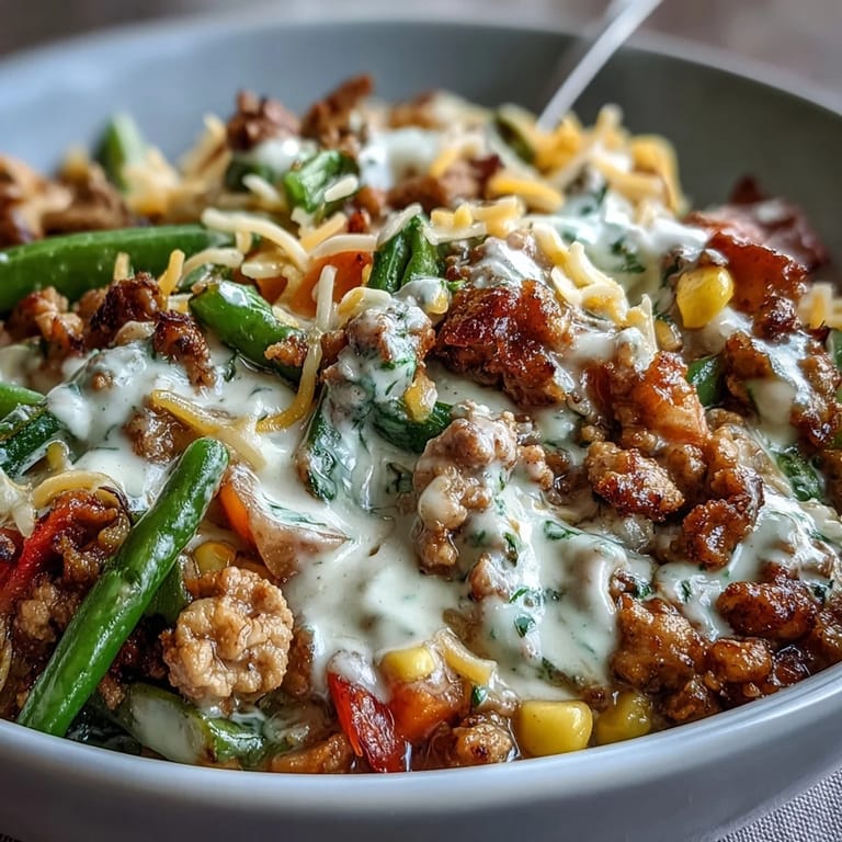 Creamy Ranch Turkey & Veggie Skillet with colorful bell peppers, carrots, and green beans in a tangy sauce.