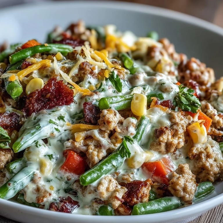 Steam rises from the Creamy Ranch Turkey & Veggie Skillet, highlighting ground turkey and mixed vegetables in a creamy ranch sauce.