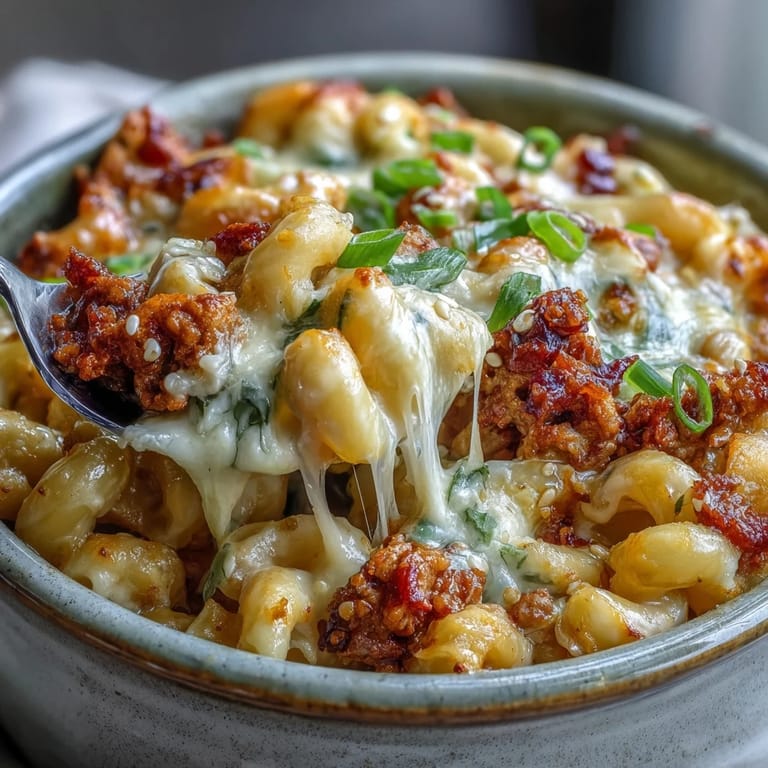 Comforting Korean-Style Turkey Mac & Cheese in a bowl, garnished with sesame seeds and scallions for color.