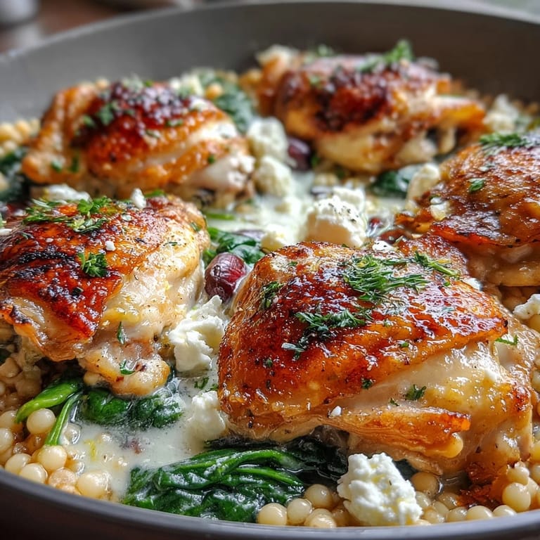 Lemon-garlic chicken thighs nestle into creamy pearl couscous with spinach in a skillet for a one-pan meal.