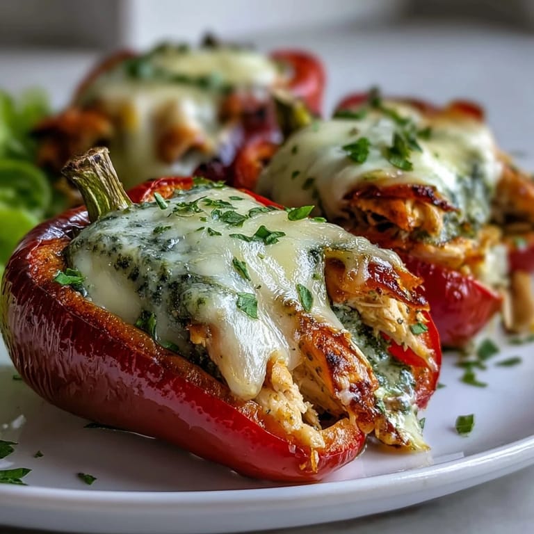Golden-baked Pesto Chicken Stuffed Sweet Peppers filled with juicy chicken pesto mixture on a parchment-lined tray.
