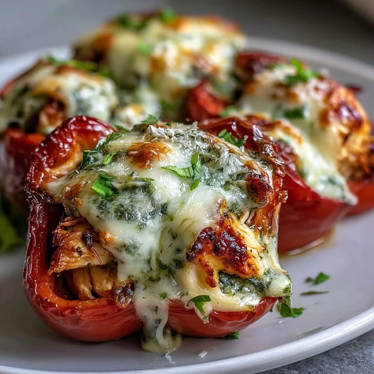 Freshly cooked Pesto Chicken Stuffed Sweet Peppers garnished with basil, perfect for a gluten-free party snack.