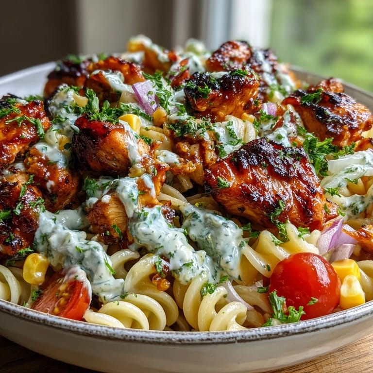 Cool, tossed Honey BBQ Chicken Pasta Salad featuring smoky chicken, crisp veggies, and a creamy dressing—ready for a summer picnic.
