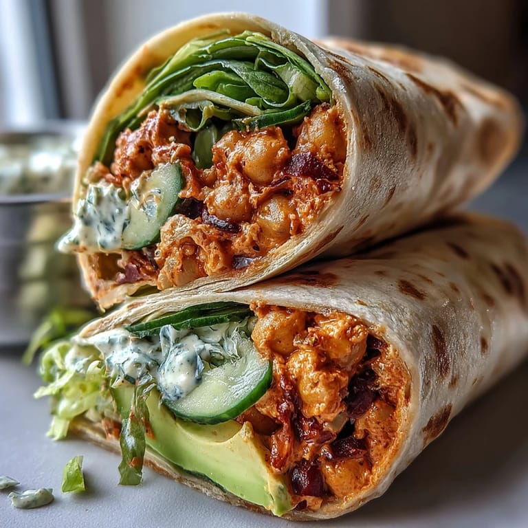 Close-up of a flour tortilla stuffed with mashed chickpea salad, diced veggies, and creamy buffalo sauce, ready to eat.