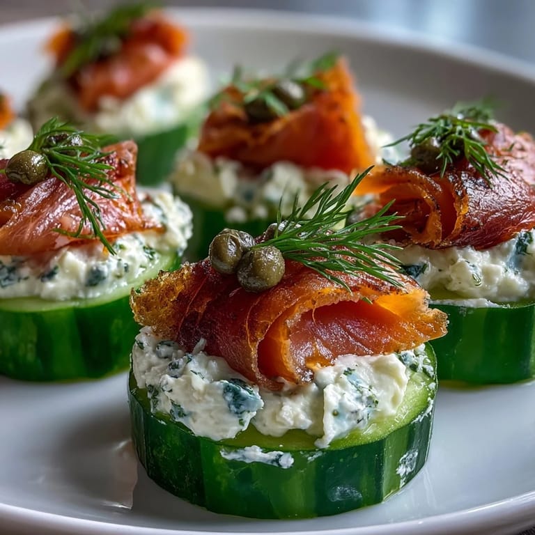 Fresh Keto Smoked Salmon and Cream Cheese Cucumber Bites arranged on a white plate with lemon slices nearby.