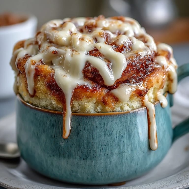 Microwave cinnamon roll mug cake packed with protein, swirled with cinnamon sugar, and topped with tangy cream cheese frosting.  