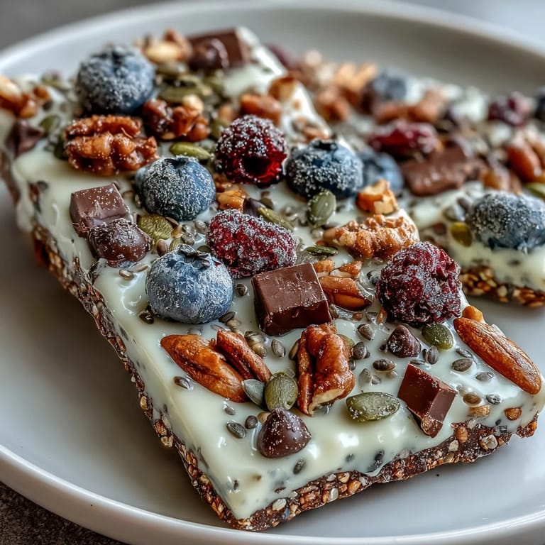 Frozen Greek yogurt bark studded with mixed berries, crunchy seeds, and optional dark chocolate chips for a refreshing, high-protein breakfast or snack.