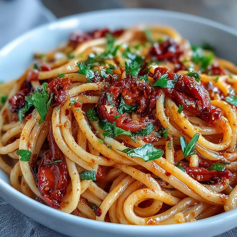 Vibrant bowl of spicy Calabatini pasta tossed in Calabrian chili oil with anchovy, garlic, and fresh parsley