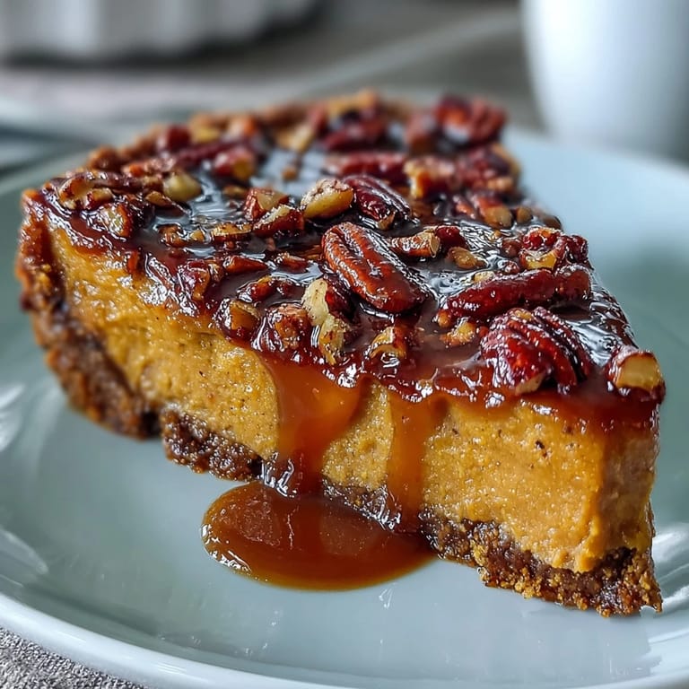 Silky sweet potato filling nestled in a buttery pecan crust, topped with caramelized pecans for a festive touch.  