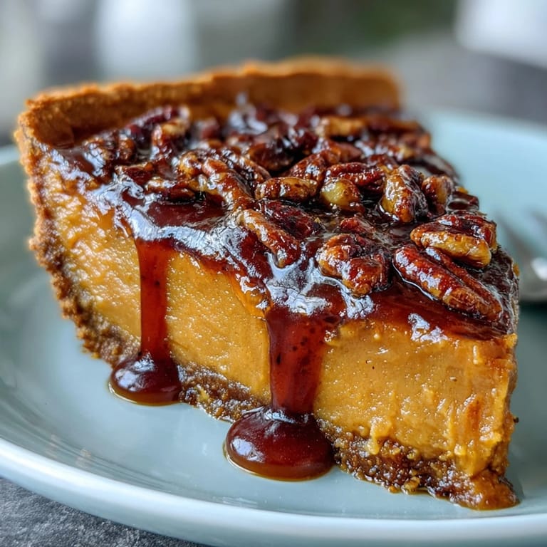 Rich, spiced candied yams pie with nutty pecan crust, ideal for Thanksgiving or cozy autumn gatherings.