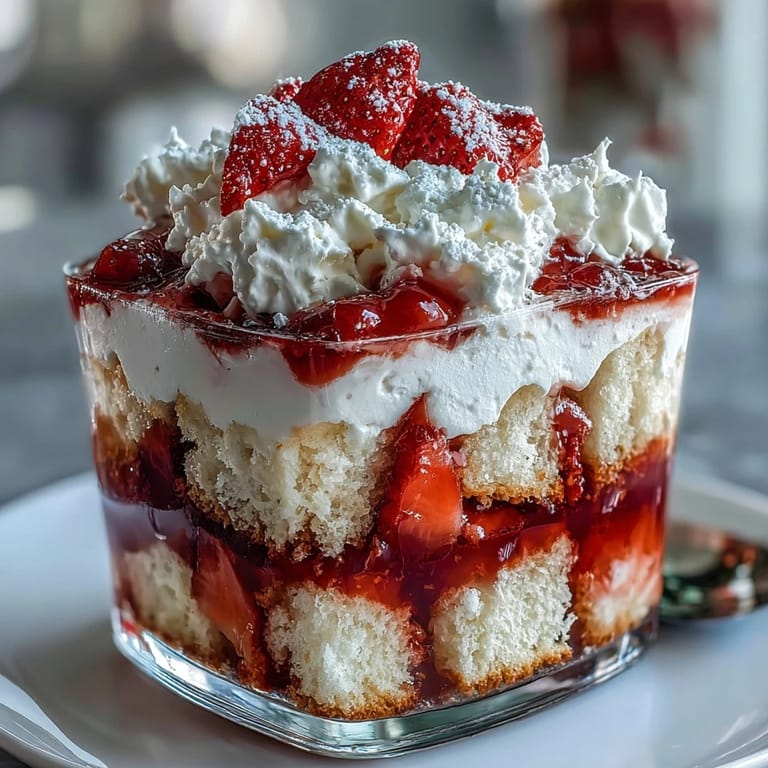 Beautiful Galentines dessert trifle showcasing golden shortcake cubes, macerated strawberries, and cloud-like whipped cream in clear glasses.