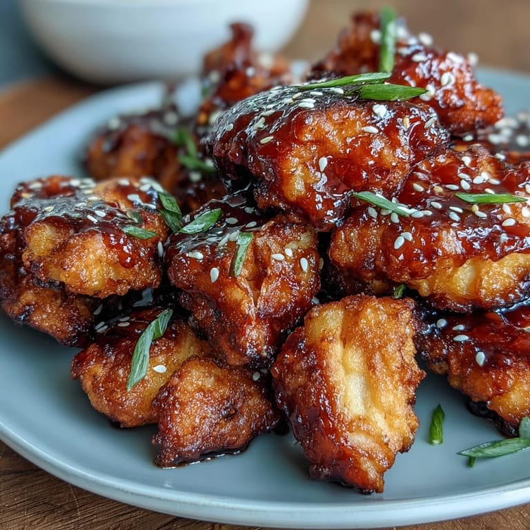 Golden-brown air-fried chicken bites coated in a sticky gochujang glaze, perfect for a flavorful Korean-inspired meal.  