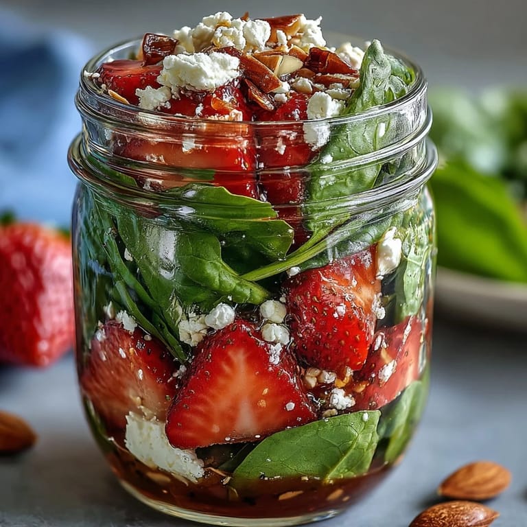 Bright layers of fresh spinach, juicy strawberries, and tangy feta cheese in a portable mason jar salad.  