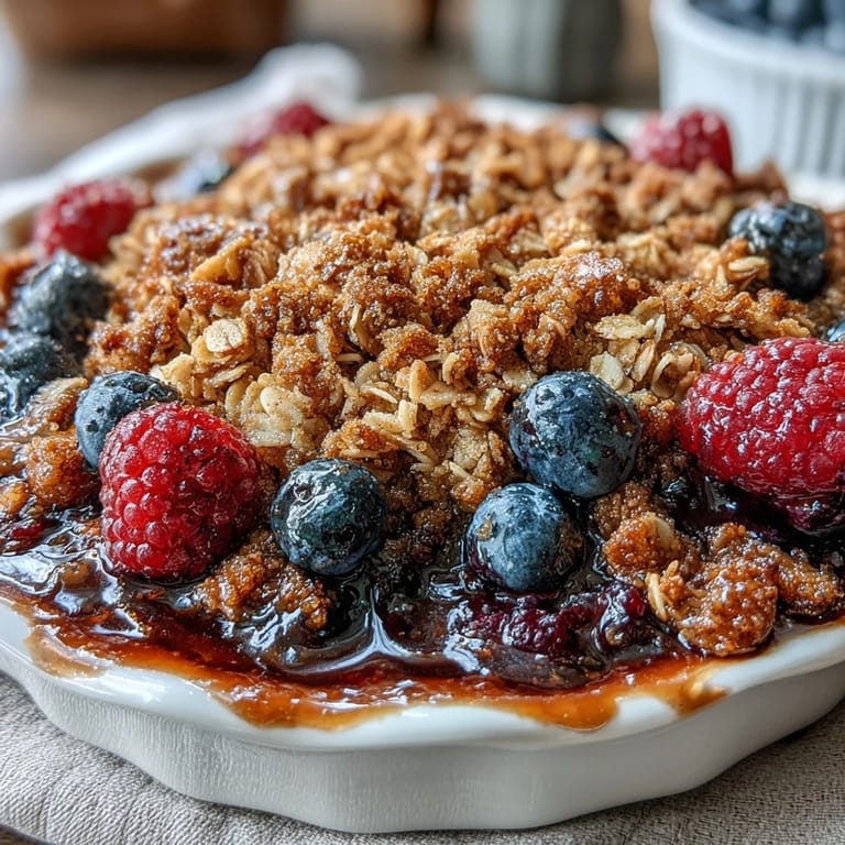 Individual berry crumbles with a crunchy oat streusel, showcasing vibrant berries and a golden-brown finish, ideal for a cozy dessert.