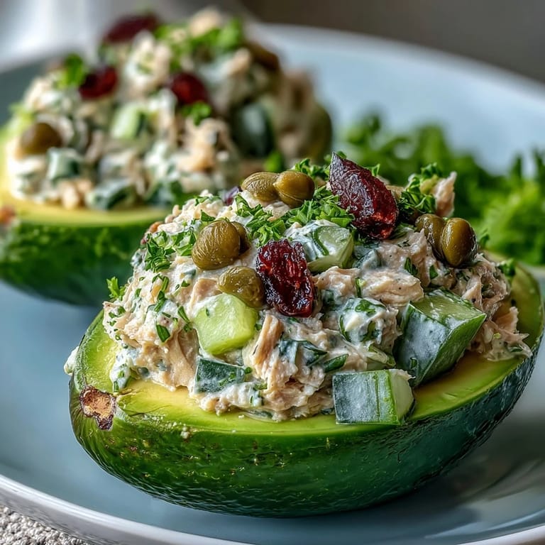 Protein-packed chickpea tuna salad nestled in halved avocados, served over mixed greens for a fresh, plant-based meal.