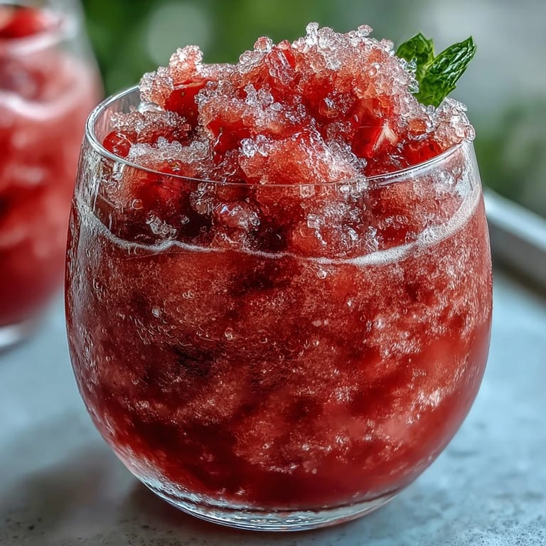 Icy strawberry daiquiri slushies blended with fresh lime juice and rum, topped with a sprig of mint for an elegant presentation.