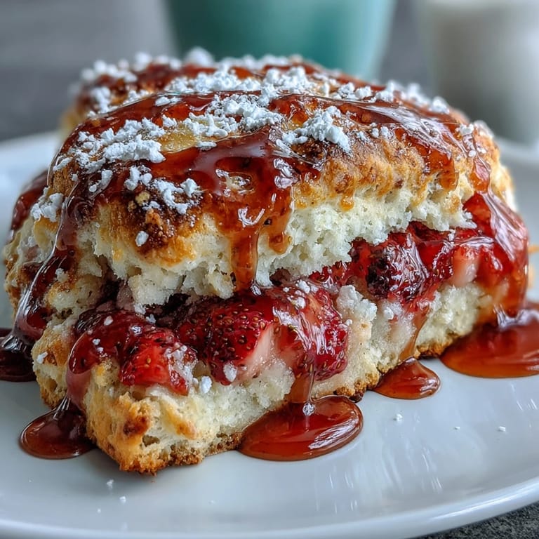 Buttery strawberry scones drizzled with tangy lemon glaze, perfect for a spring brunch.  