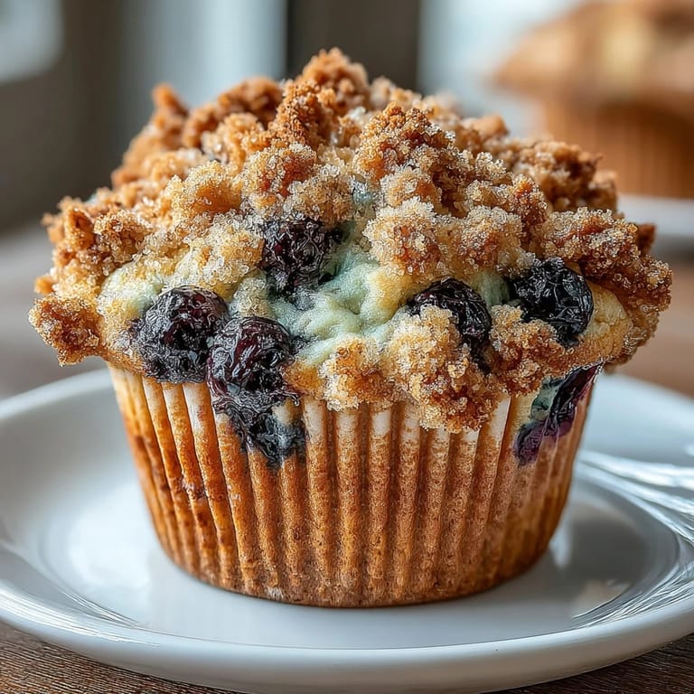 Moist lemon blueberry sourdough muffins topped with buttery lemon zest streusel, showcasing vibrant berries and golden brown edges.