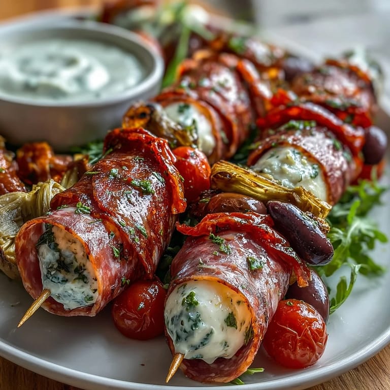 Picnic-Ready Italian Sub Skewers with Homemade Aioli arranged on a platter, featuring colorful layers of salami, ham, cheese, and veggies, served with creamy dipping sauce.