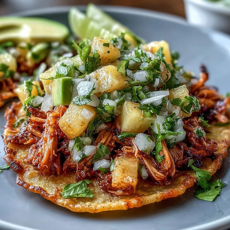 Golden corn tostadas topped with tender chicken, bright pineapple salsa, and cool avocado for a fresh, colorful meal.