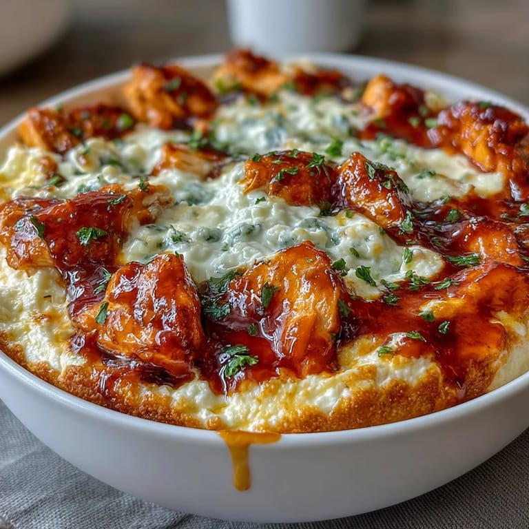 High-protein cottage cheese Buffalo chicken dip with Greek yogurt, blue cheese, and smoked paprika, garnished with green onions and served warm.