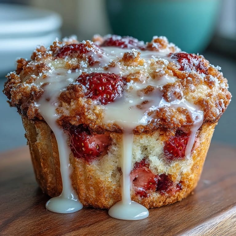 Homemade strawberry muffins with tangy lemon glaze, served warm and inviting, ideal for snacking or dessert.