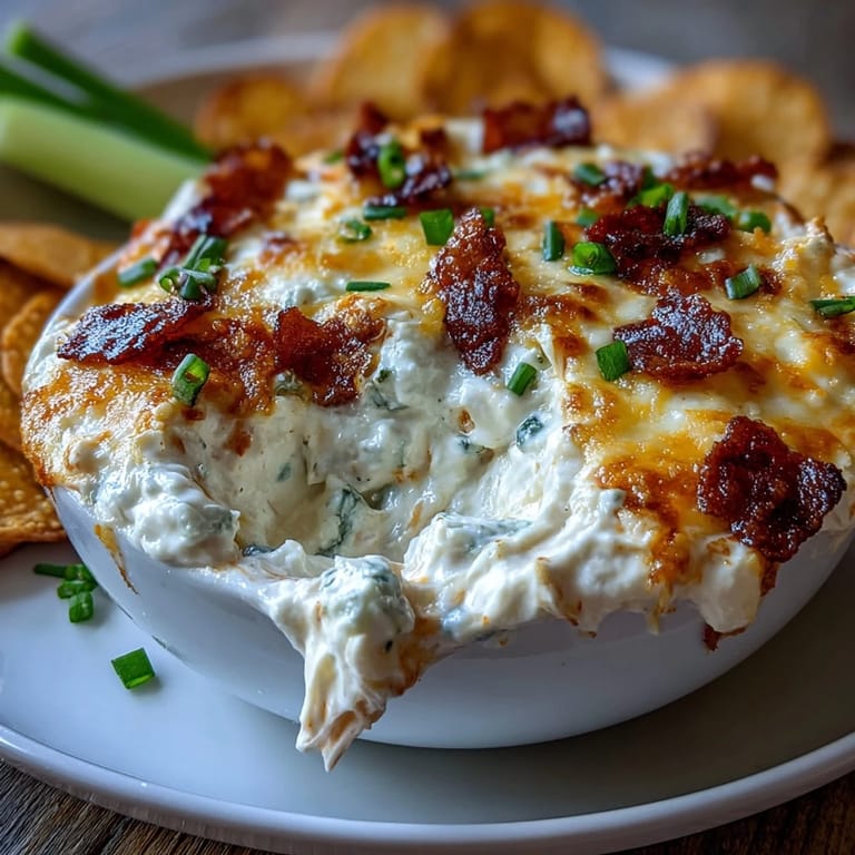 Tangy buffalo chicken dip blended with cottage cheese and cream cheese, garnished with green onions and crumbled blue cheese.