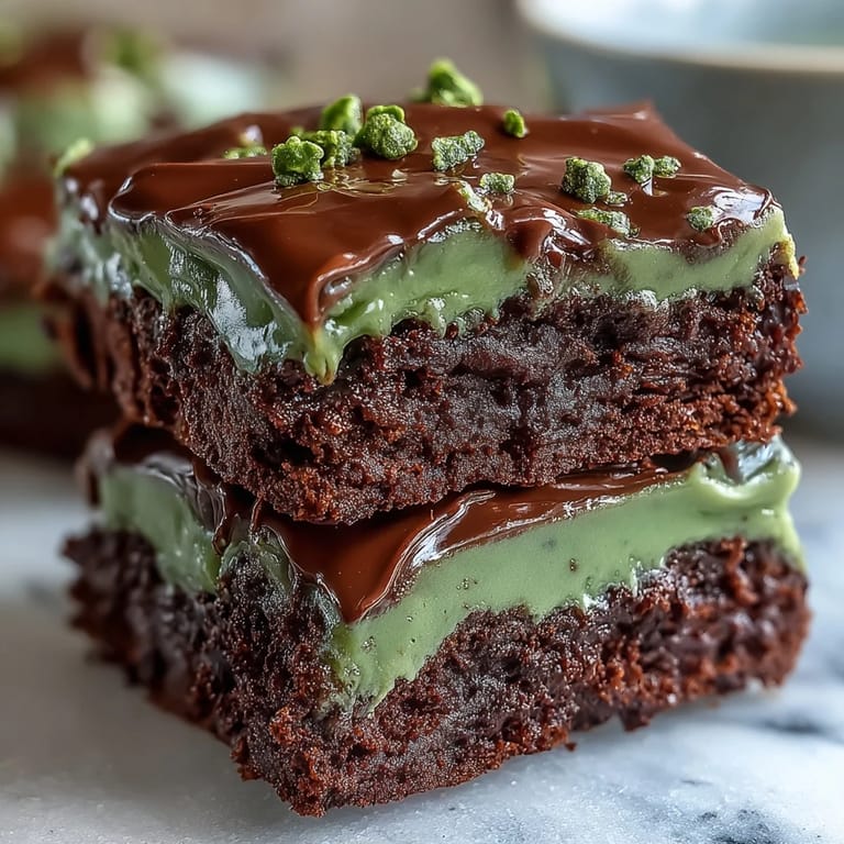 Decadent chocolate brownies topped with creamy green icing, shaped like shamrocks for a festive St. Patrick's Day dessert.