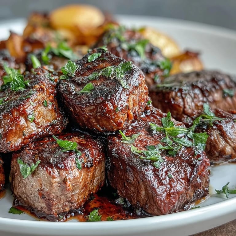 Savory steak bites and golden potatoes glazed in garlic butter sauce, served hot with fresh thyme and a sprinkle of crushed red pepper for extra flavor.