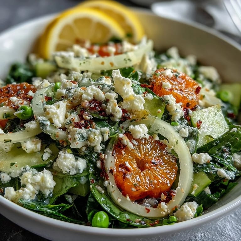 A colorful spring salad with mixed greens, sugar snap peas, and radishes, tossed in a bright lemon vinaigrette and topped with chives and feta.