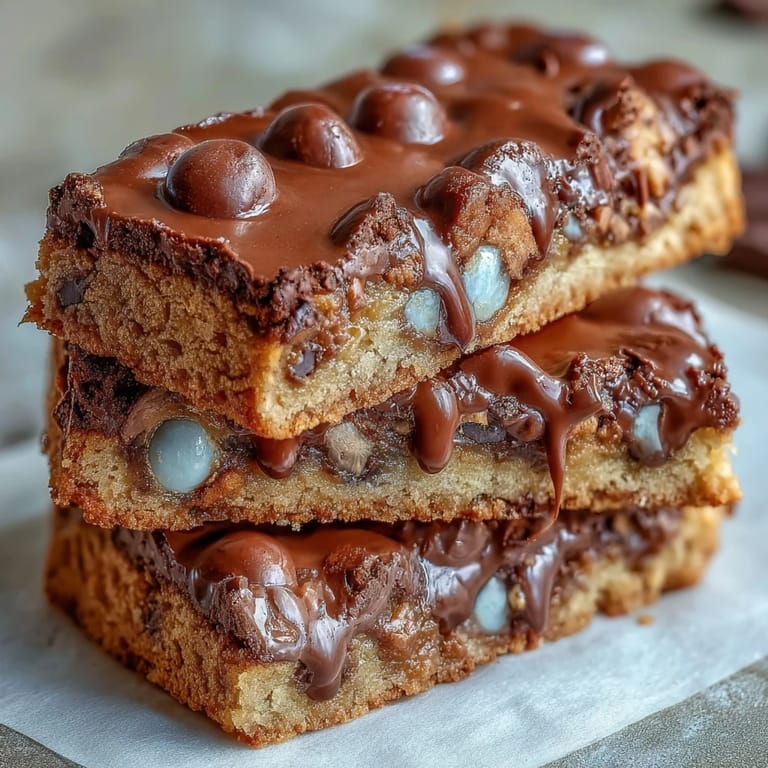 A close-up view of sliced Easter cookie bars showing the chocolate centers and colorful shells.