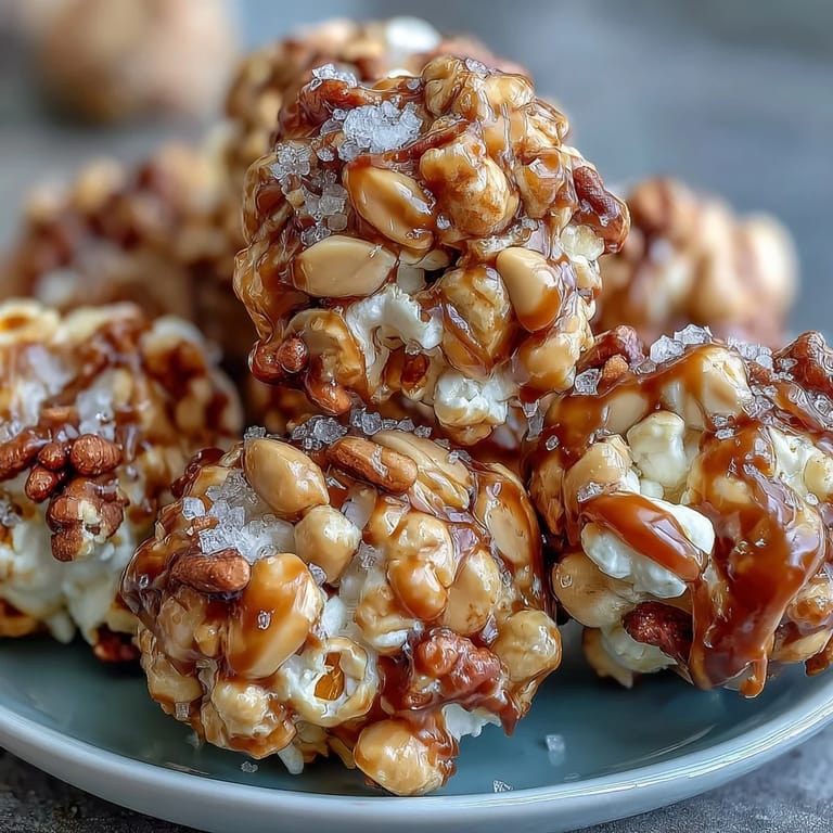 Close-up of golden caramel-coated popcorn and peanuts spread out to cool.