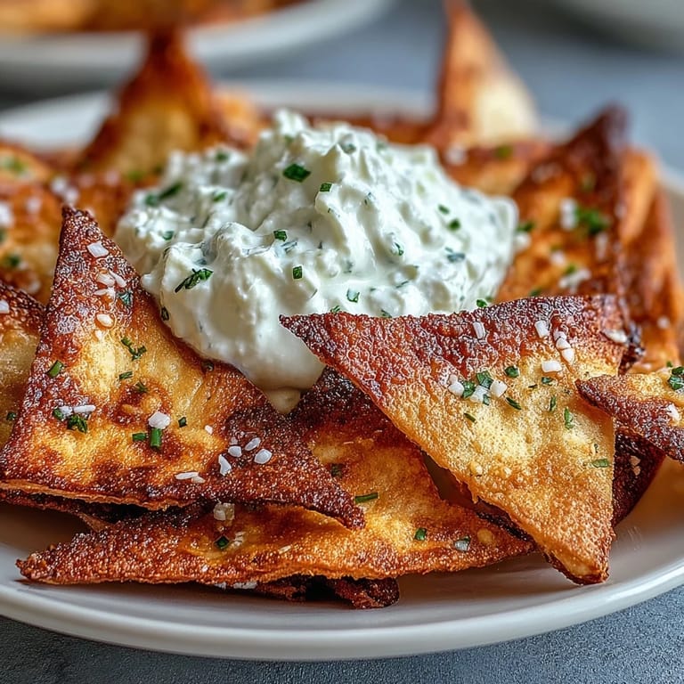 Homemade pita chips served with smooth, garlicky tzatziki for a satisfying vegetarian appetizer.