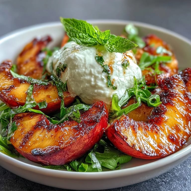Vibrant grilled peach and burrata salad with honey, showcasing summer flavors and a drizzle of balsamic glaze.