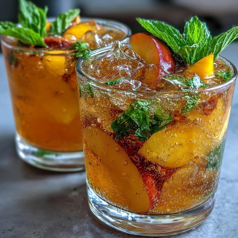 Vibrant summer drink featuring blended mango and peach, lightly sweetened, mixed with sparkling tea, and served over ice with fresh mint.