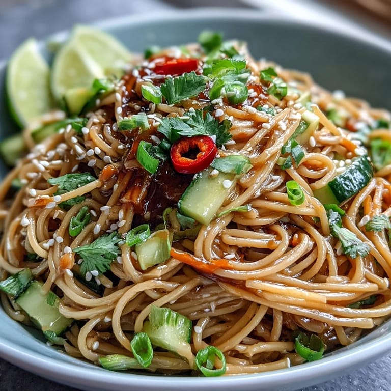 Refreshing cold noodle dish with creamy sesame dressing, colorful vegetables, and a sprinkle of toasted sesame seeds for extra crunch.