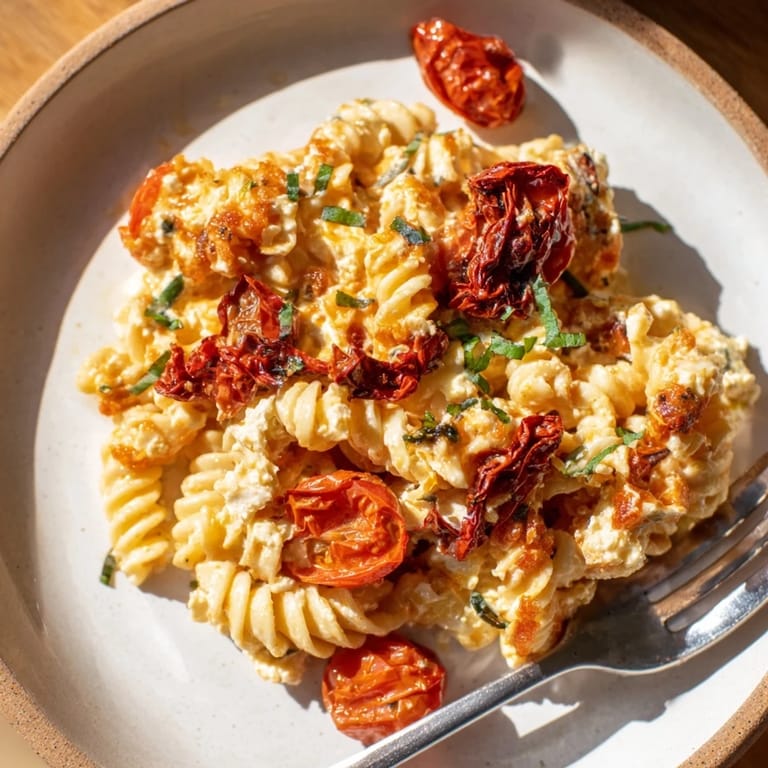 Delicious Baked Feta Pasta 2.0, featuring sun-dried tomatoes and a golden feta center.