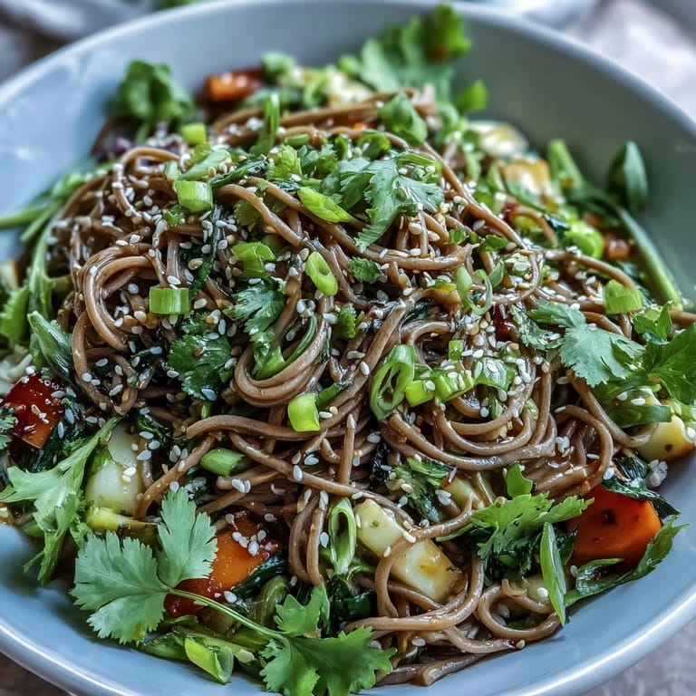 Vibrant Japanese-inspired soba noodle salad, perfectly tossed with a zesty ginger dressing.